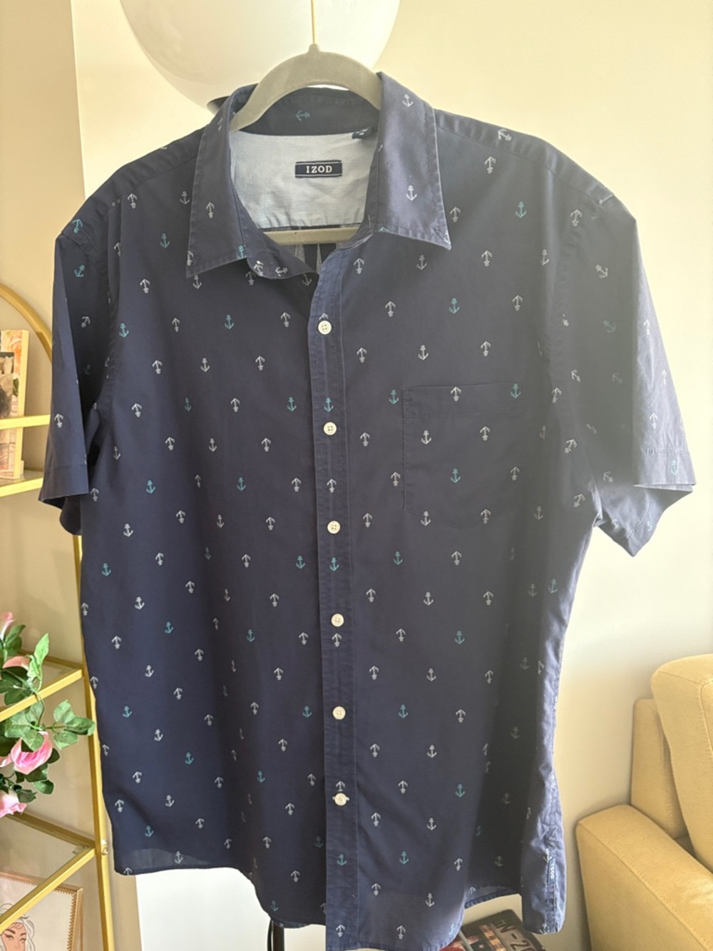 Izod Navy Short-Sleeve Button-Up Shirt with Anchor Print
